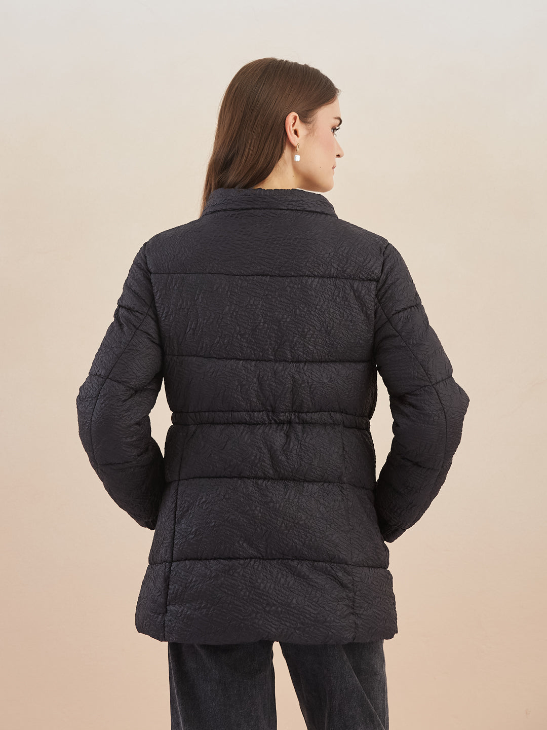 Latin Quarters Women Black Textured Detachable Hooded Full Sleeve Casual Puffer Jacket
