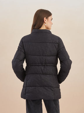 Latin Quarters Women Black Textured Detachable Hooded Full Sleeve Casual Puffer Jacket