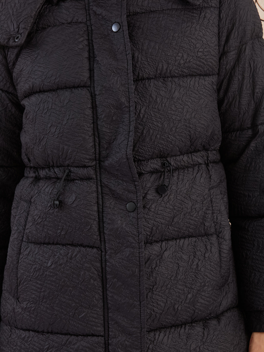 Latin Quarters Women Black Textured Detachable Hooded Full Sleeve Casual Puffer Jacket