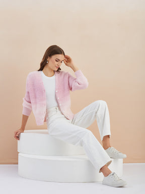 Latin Quarters Women'S Pink V-Neck Full Sleeves Solid Casual Cardigan
