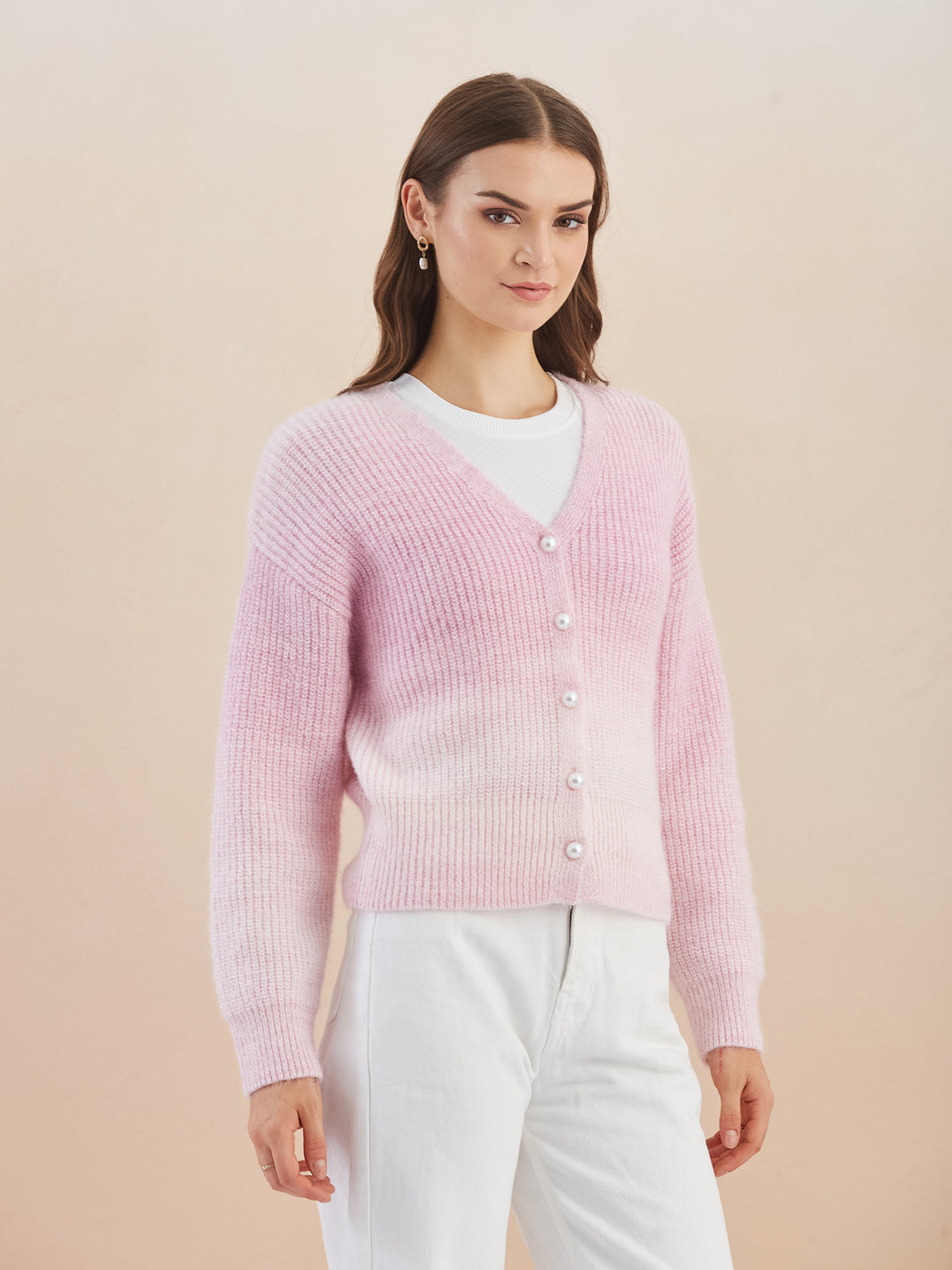 Latin Quarters Women'S Pink V-Neck Full Sleeves Solid Casual Cardigan
