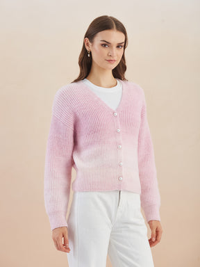 Latin Quarters Women'S Pink V-Neck Full Sleeves Solid Casual Cardigan