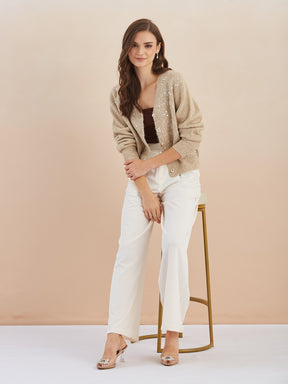 Latin Quarters Women's Beige Full Sleeves V-Neck Self Design Casual Regular Cardigan