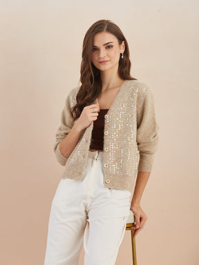 Latin Quarters Women's Beige Full Sleeves V-Neck Self Design Casual Regular Cardigan