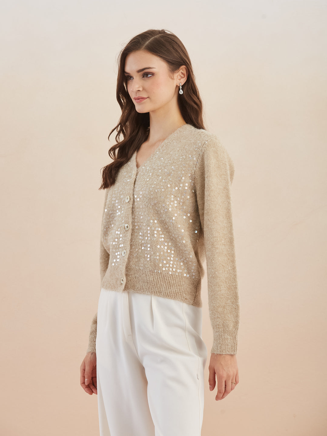 Latin Quarters Women's Beige Full Sleeves V-Neck Self Design Casual Regular Cardigan