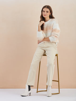 Latin Quarters Women's White Full Sleeves Round Neck Knitted Casual Regular Sweater