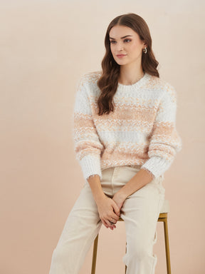 Latin Quarters Women's White Full Sleeves Round Neck Knitted Casual Regular Sweater