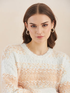Latin Quarters Women's White Full Sleeves Round Neck Knitted Casual Regular Sweater
