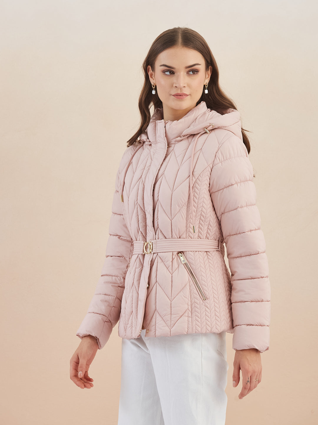 Latin Quarters Women'S Pink Hooded Full Sleeves Self Design Casual Puffer Jacket