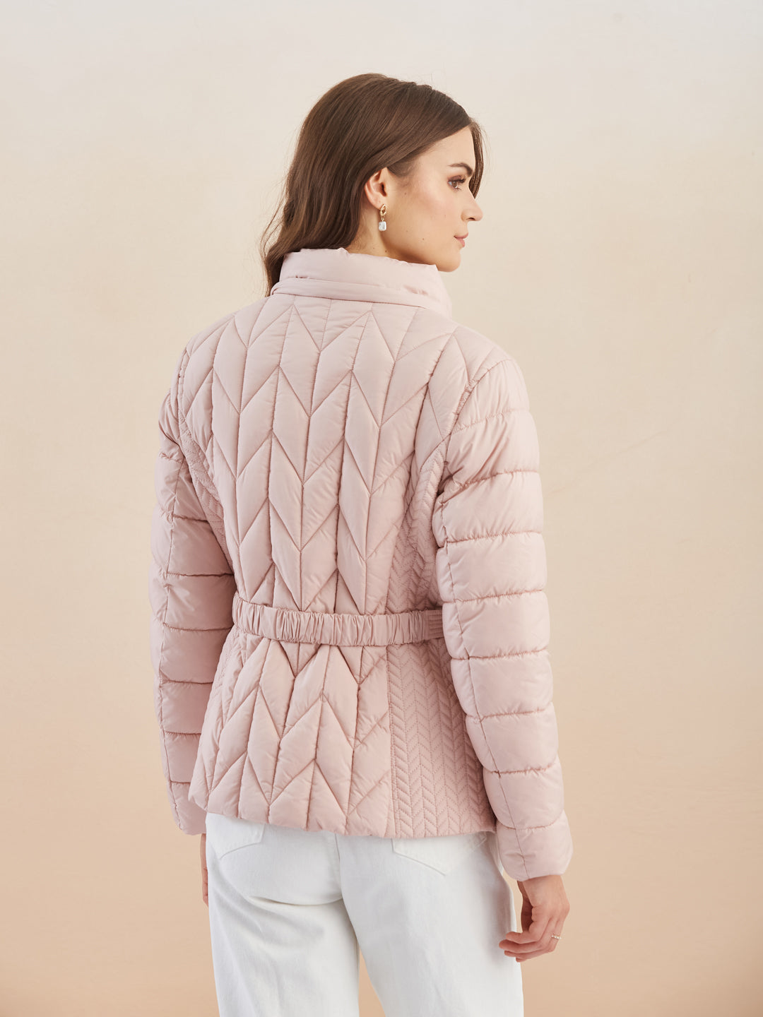 Latin Quarters Women'S Pink Hooded Full Sleeves Self Design Casual Puffer Jacket