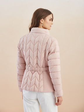 Latin Quarters Women'S Pink Hooded Full Sleeves Self Design Casual Puffer Jacket