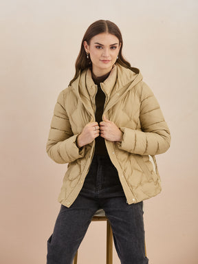 Latin Quarters Women'S Beige Hooded Full Sleeves Self Design Casual Puffer Jacket