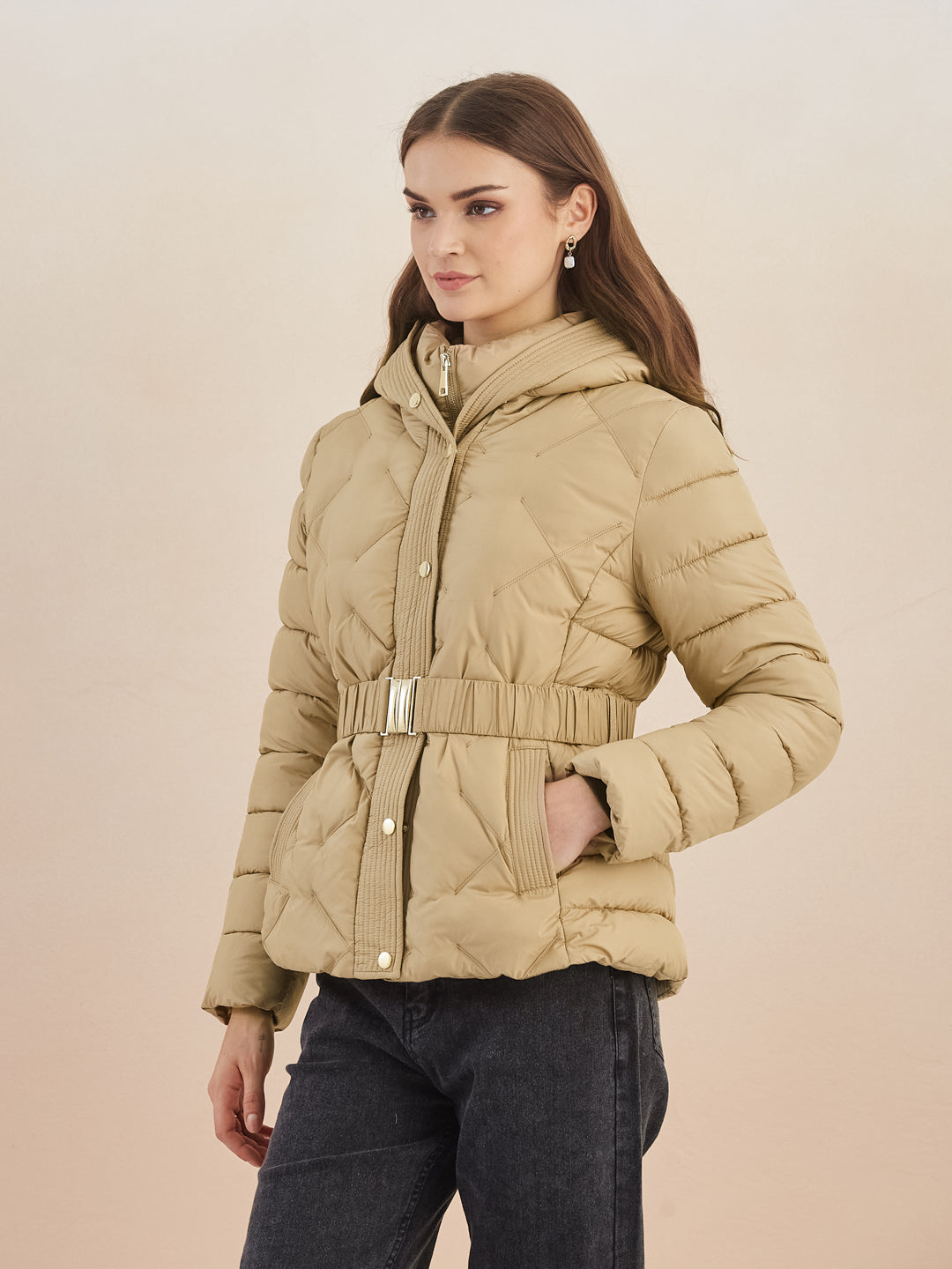 Latin Quarters Women'S Beige Hooded Full Sleeves Self Design Casual Puffer Jacket