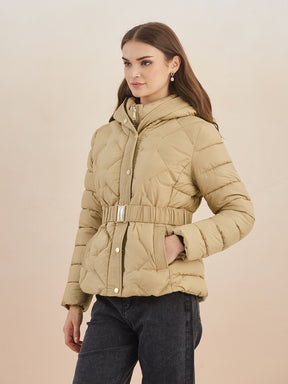 Latin Quarters Women'S Beige Hooded Full Sleeves Self Design Casual Puffer Jacket