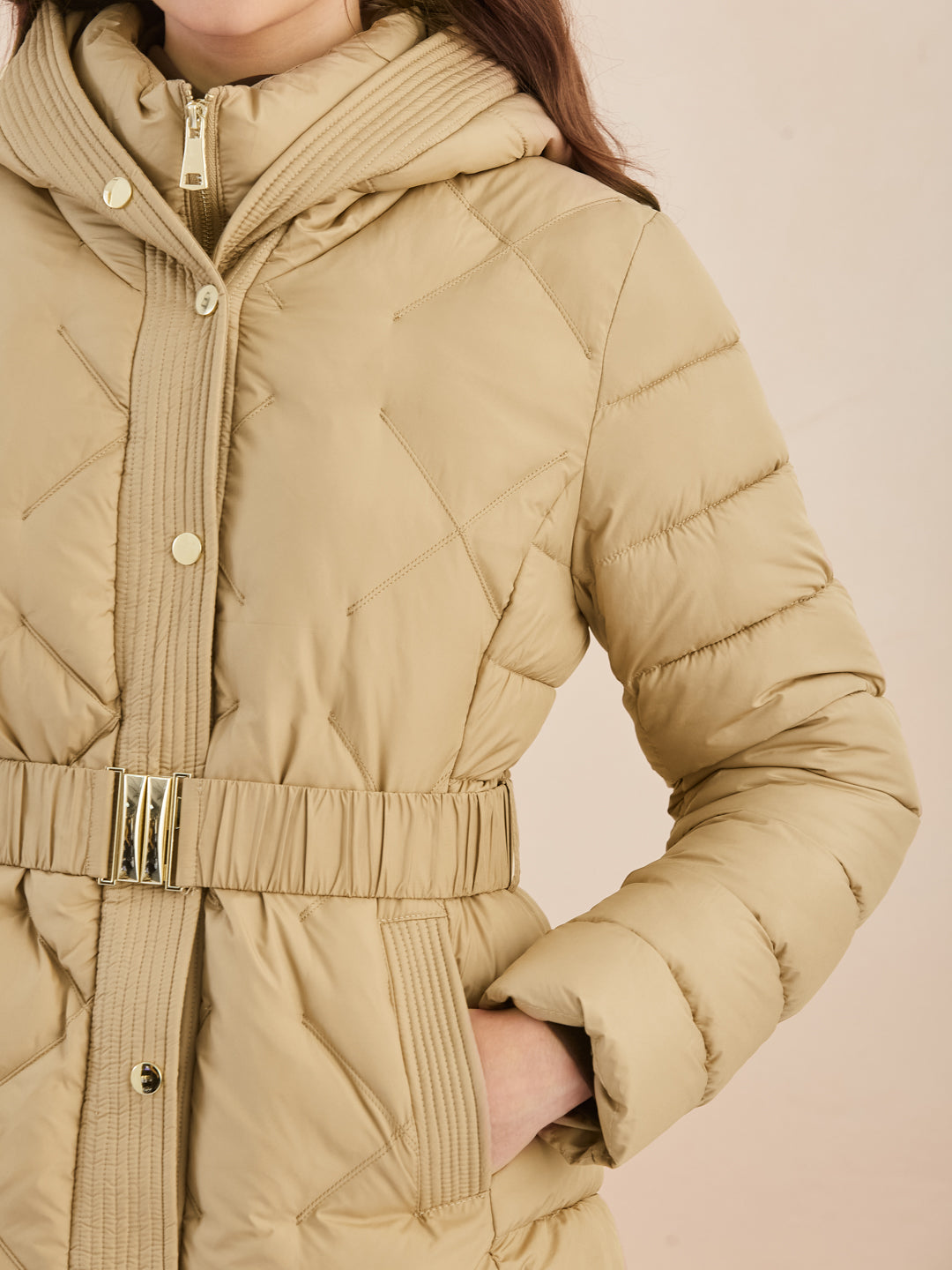 Latin Quarters Women'S Beige Hooded Full Sleeves Self Design Casual Puffer Jacket