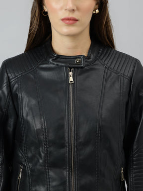 Latin Quarters Women Black Mandarin Neck Full Sleeve Solid Jacket