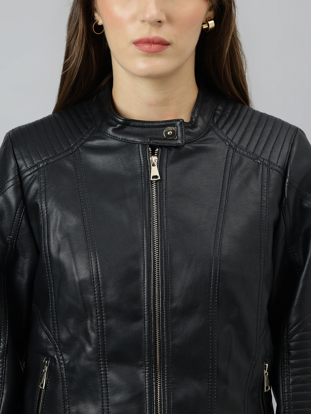Latin Quarters Women Black Mandarin Neck Full Sleeve Solid Jacket
