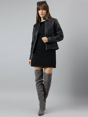 Latin Quarters Women Black Mandarin Neck Full Sleeve Solid Jacket