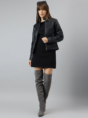 Latin Quarters Women Black Mandarin Neck Full Sleeve Solid Jacket