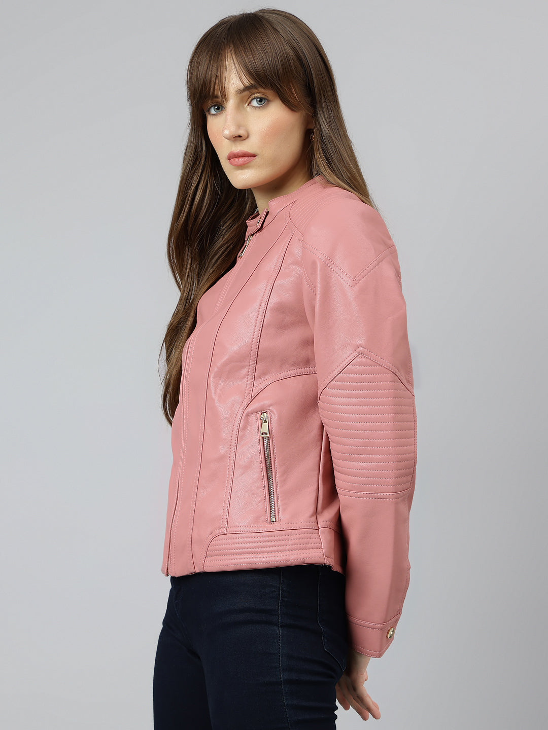 Latin Quarters Women Pink Mandarin Neck Full Sleeve Solid Jacket