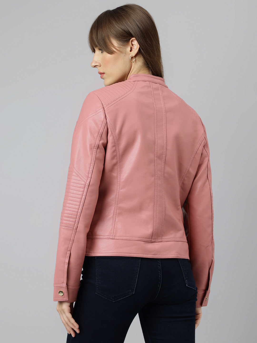 Latin Quarters Women Pink Mandarin Neck Full Sleeve Solid Jacket