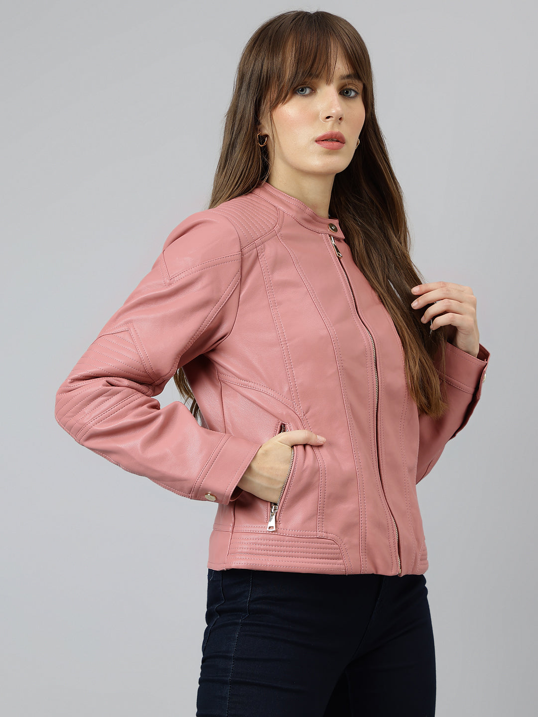 Latin Quarters Women Pink Mandarin Neck Full Sleeve Solid Jacket