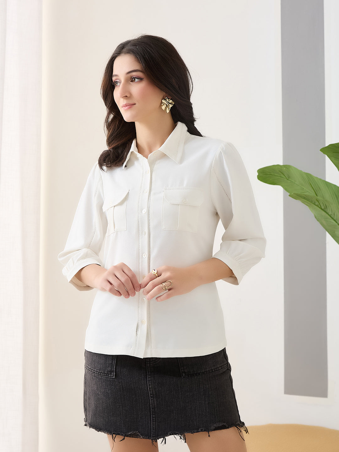 Latin Quarters Women White Solid 3/4th Sleeves Collar Neck Casual Shirt