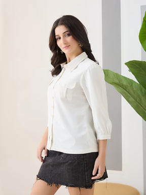 Latin Quarters Women White Solid 3/4th Sleeves Collar Neck Casual Shirt