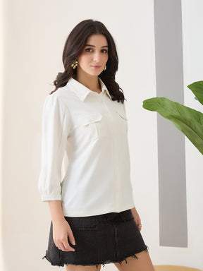 Latin Quarters Women White Solid 3/4th Sleeves Collar Neck Casual Shirt