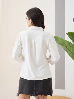 Latin Quarters Women White Solid 3/4th Sleeves Collar Neck Casual Shirt