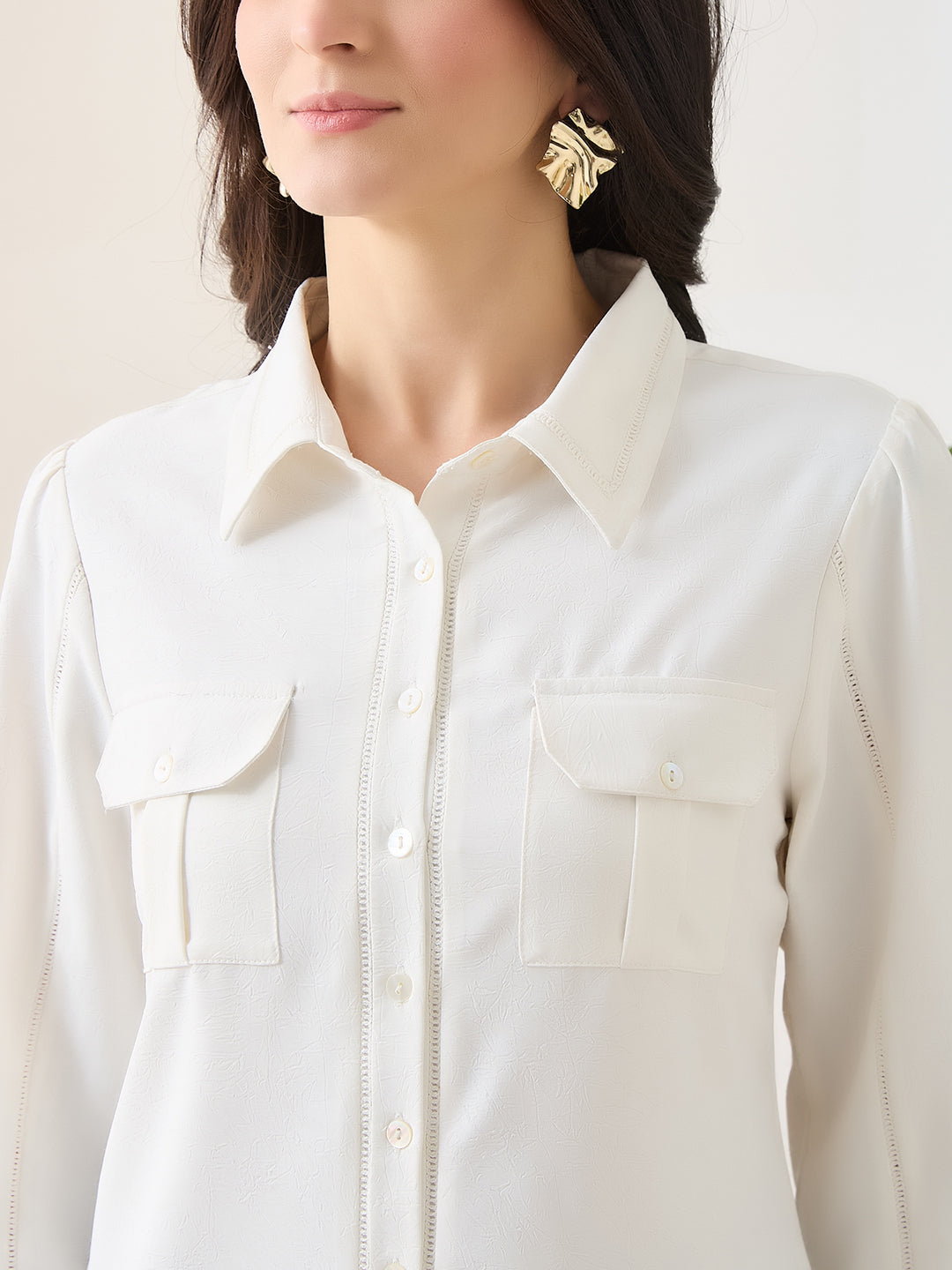 Latin Quarters Women White Solid 3/4th Sleeves Collar Neck Casual Shirt
