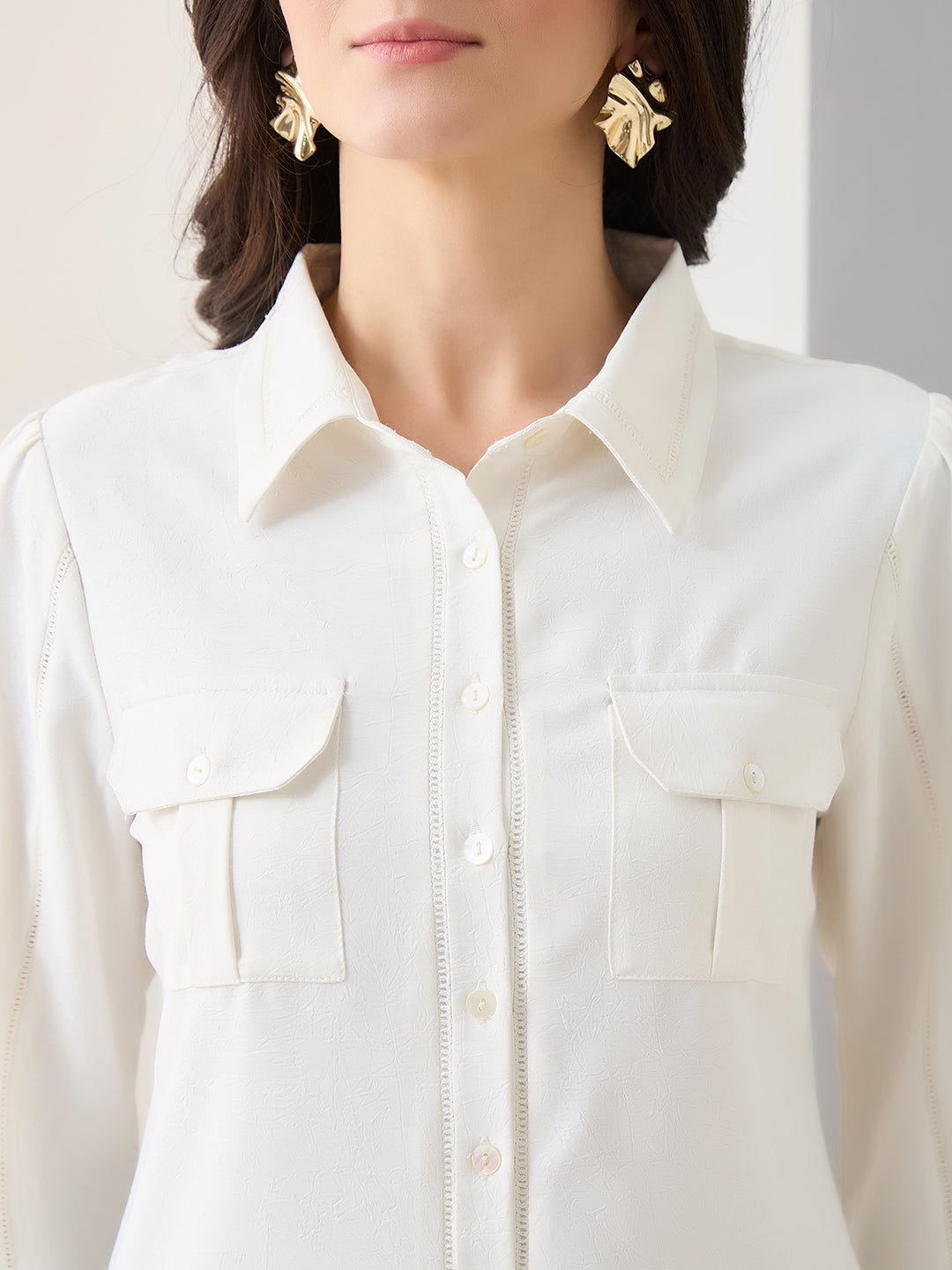 Latin Quarters Women White Solid 3/4th Sleeves Collar Neck Casual Shirt