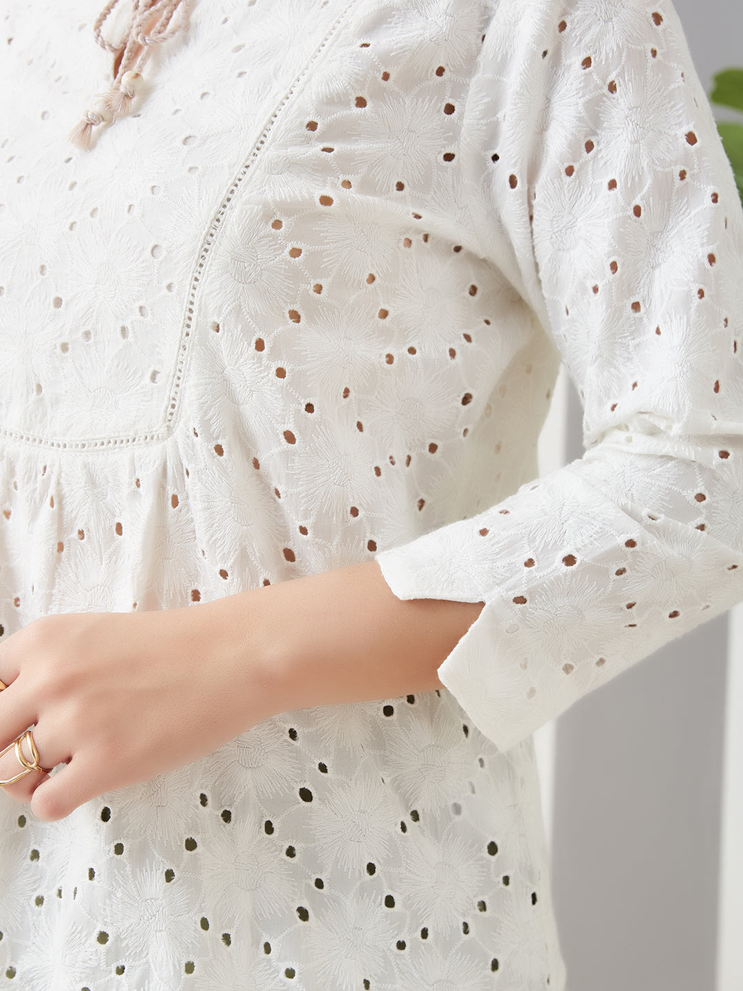 Latin Quarters Women White Embroidery 3/4th Sleeves Round Neck Casual Top