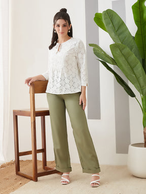 Latin Quarters Women White Embroidery 3/4th Sleeves Round Neck Casual Top