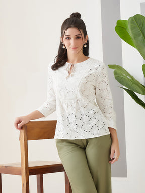 Latin Quarters Women White Embroidery 3/4th Sleeves Round Neck Casual Top
