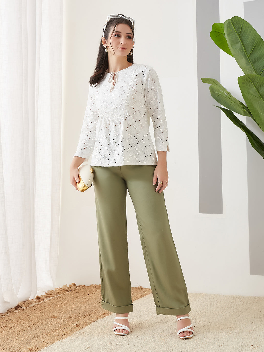 Latin Quarters Women White Embroidery 3/4th Sleeves Round Neck Casual Top