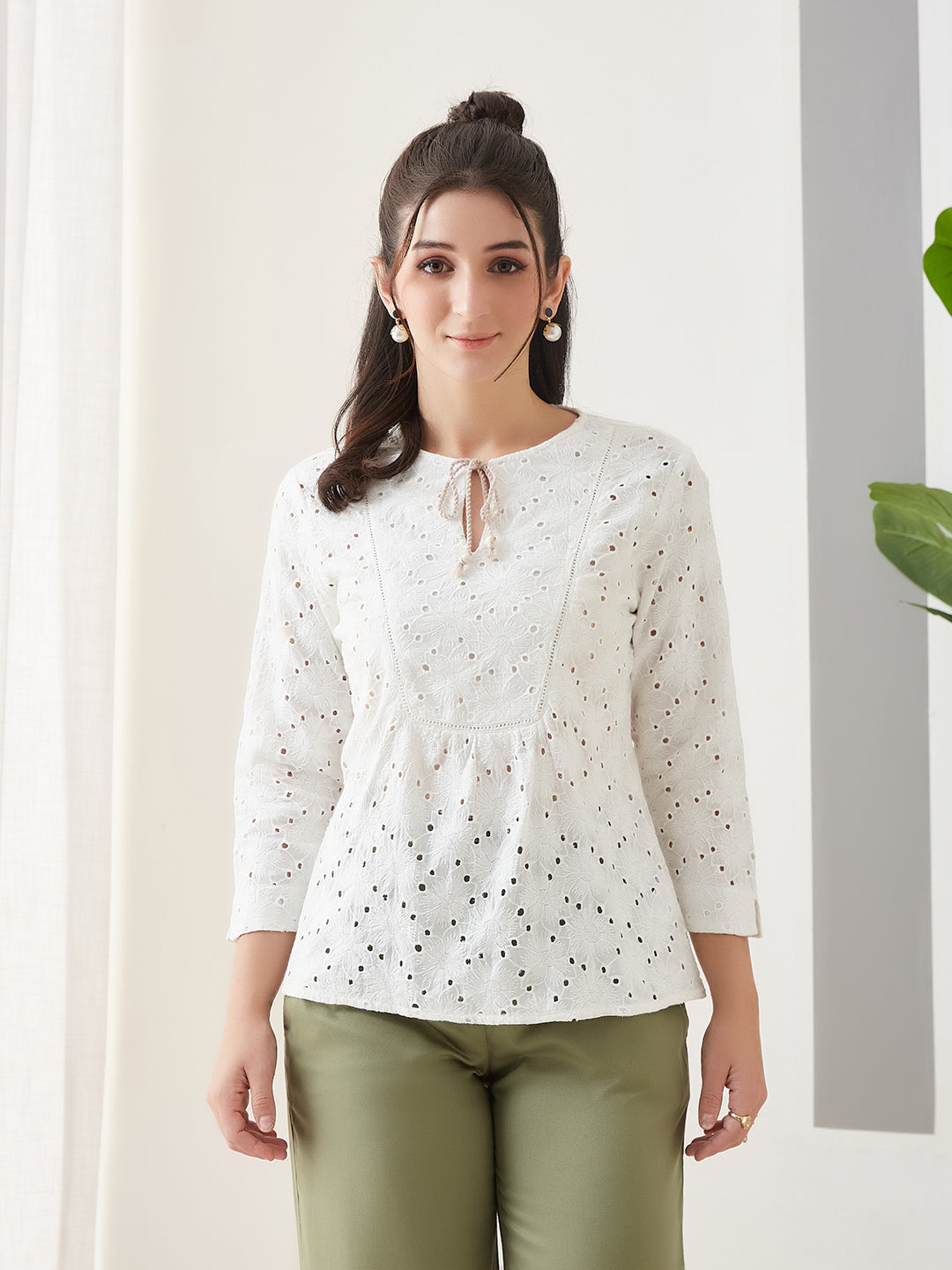 Latin Quarters Women White Embroidery 3/4th Sleeves Round Neck Casual Top