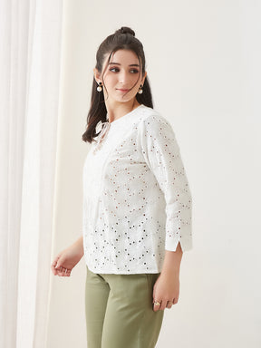 Latin Quarters Women White Embroidery 3/4th Sleeves Round Neck Casual Top