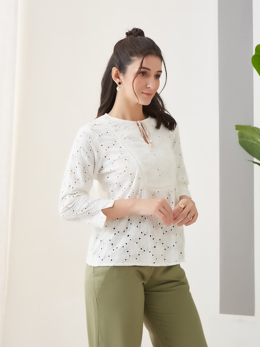 Latin Quarters Women White Embroidery 3/4th Sleeves Round Neck Casual Top