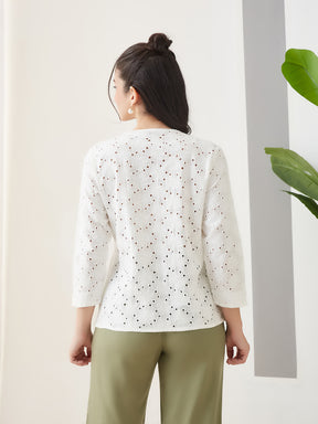 Latin Quarters Women White Embroidery 3/4th Sleeves Round Neck Casual Top