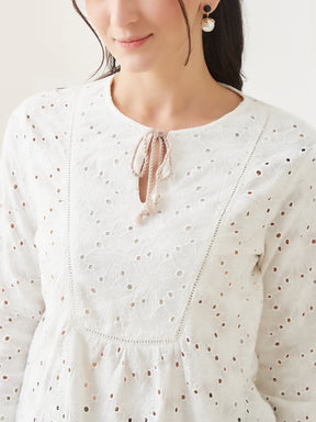 Latin Quarters Women White Embroidery 3/4th Sleeves Round Neck Casual Top