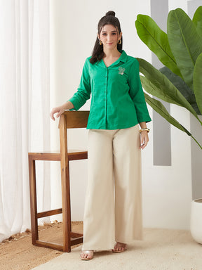 Latin Quarters Women Green Solid 3/4th Sleeves Collar Neck Casual Shirt