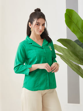 Latin Quarters Women Green Solid 3/4th Sleeves Collar Neck Casual Shirt