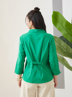 Latin Quarters Women Green Solid 3/4th Sleeves Collar Neck Casual Shirt