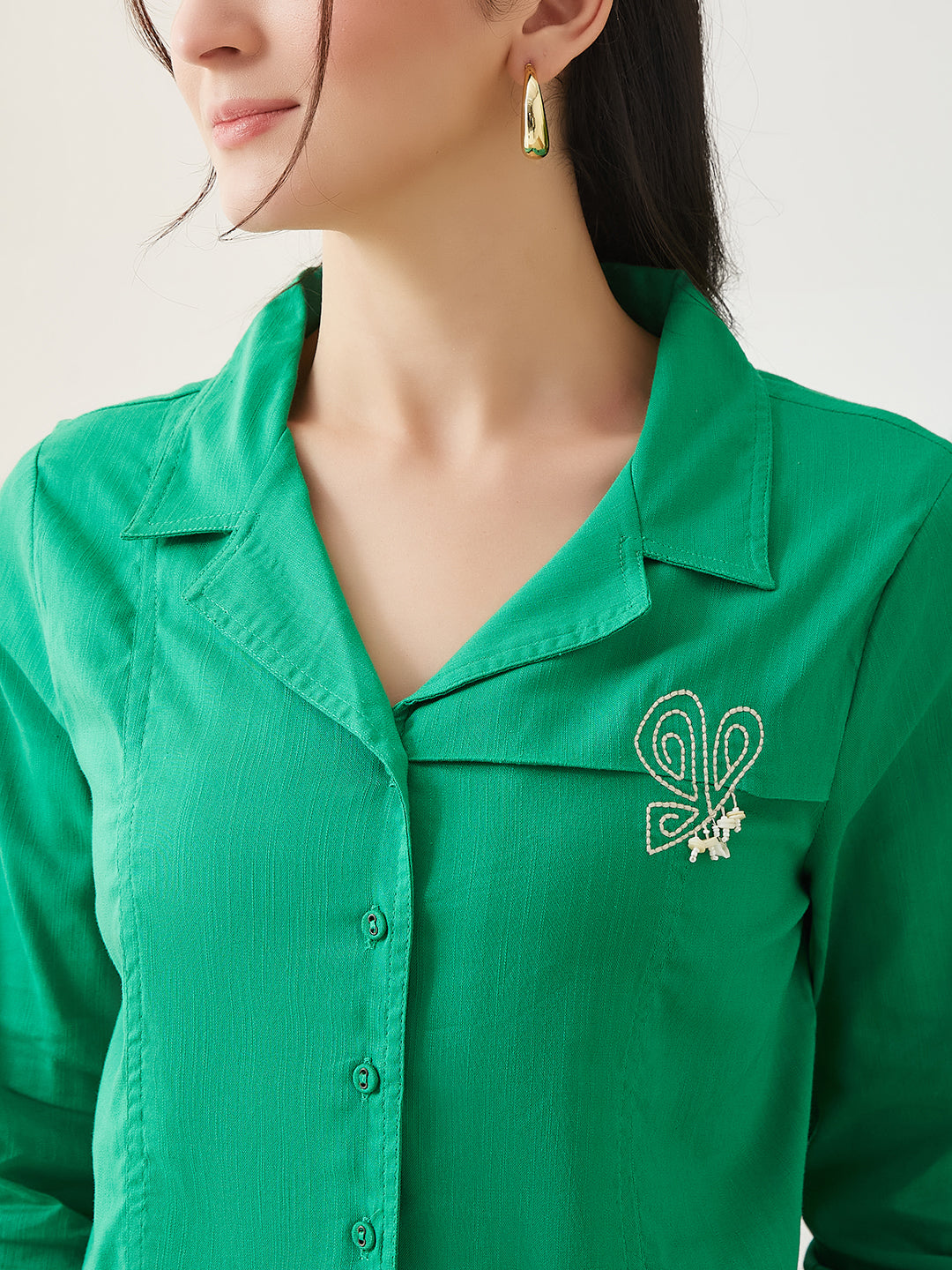 Latin Quarters Women Green Solid 3/4th Sleeves Collar Neck Casual Shirt