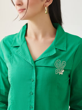 Latin Quarters Women Green Solid 3/4th Sleeves Collar Neck Casual Shirt
