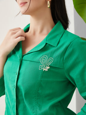 Latin Quarters Women Green Solid 3/4th Sleeves Collar Neck Casual Shirt