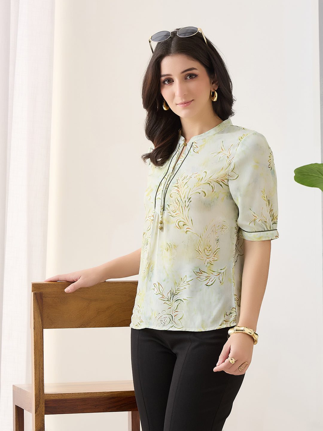 Latin Quarters Women Green Printed Half Sleeves Casual Top