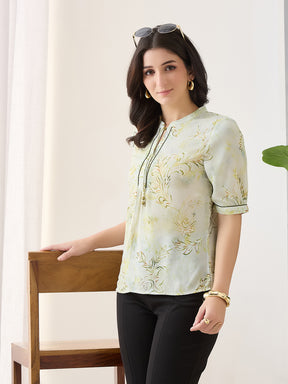 Latin Quarters Women Green Printed Half Sleeves Casual Top