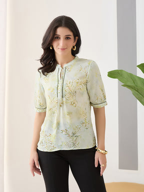 Latin Quarters Women Green Printed Half Sleeves Casual Top